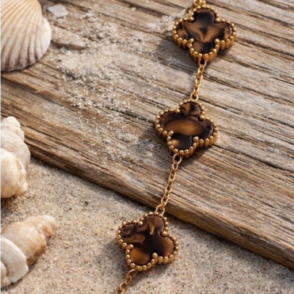 18K Gold Filled Brown Tortoiseshell Clover Bracelet Adjustable 7” Station Style